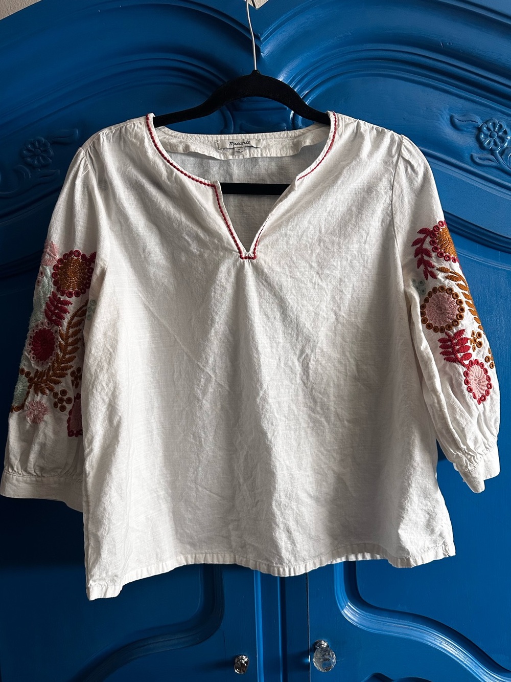 Madewell White Peasant Top with Pink & Orange Embroidered Sleeves